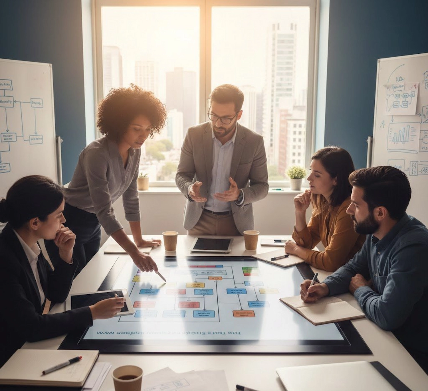 Process optimization consulting team collaborating on workflow analysis